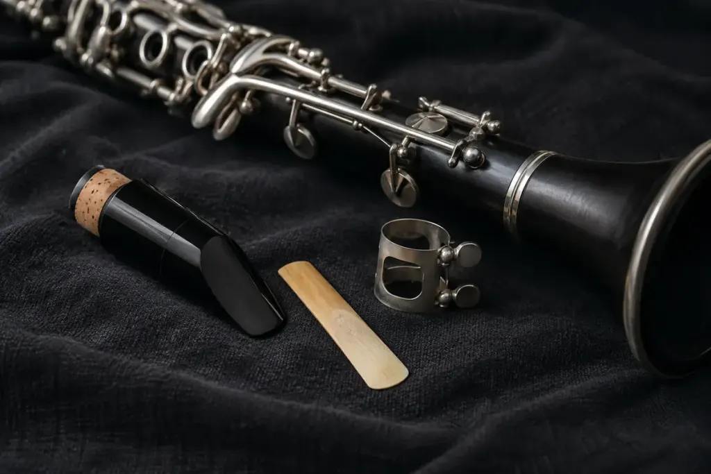 Clarinet mouthpiece, cane reed and ligature displayed beside the instrument.