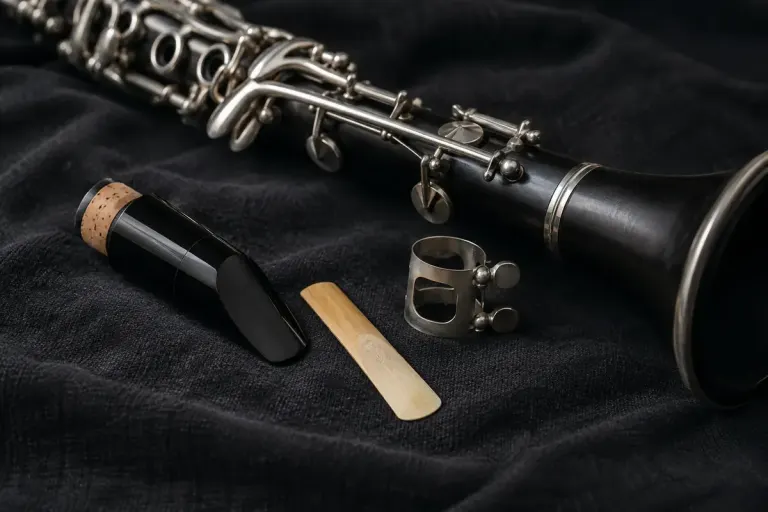 Clarinet mouthpiece, cane reed and ligature displayed beside the instrument.
