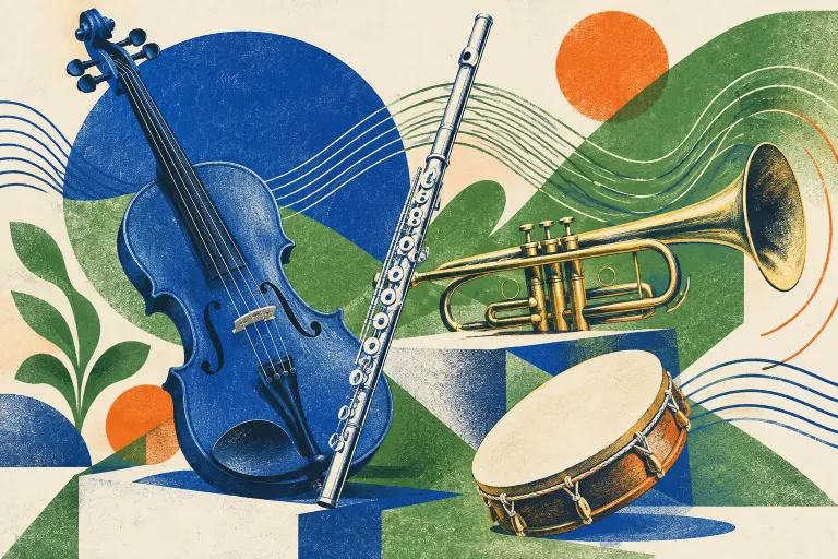 A violin, flute, trumpet and hand drum in a decorative blue and green illustration