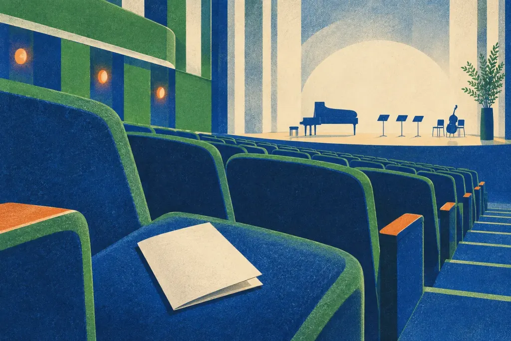 A blank folded programme on a concert-hall seat, illustrated in blue and green