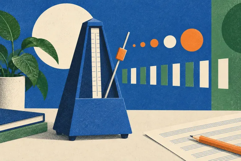 An unlabelled metronome with repeating geometric shapes suggesting a musical pulse